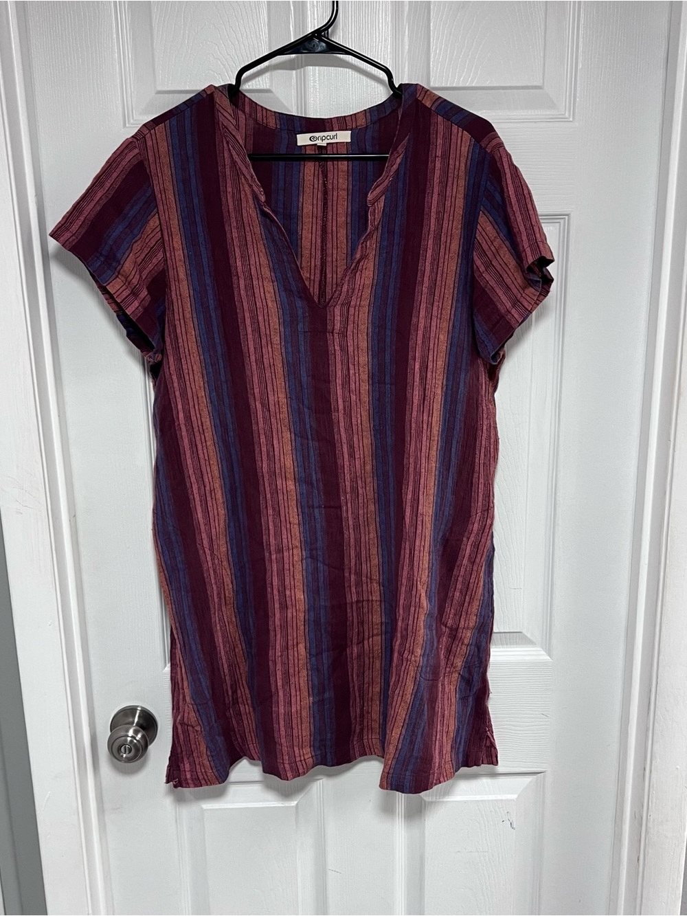 Rip Curl Striped V-Neck Tunic - Burgundy & Blue WITH POCKETS Size XL